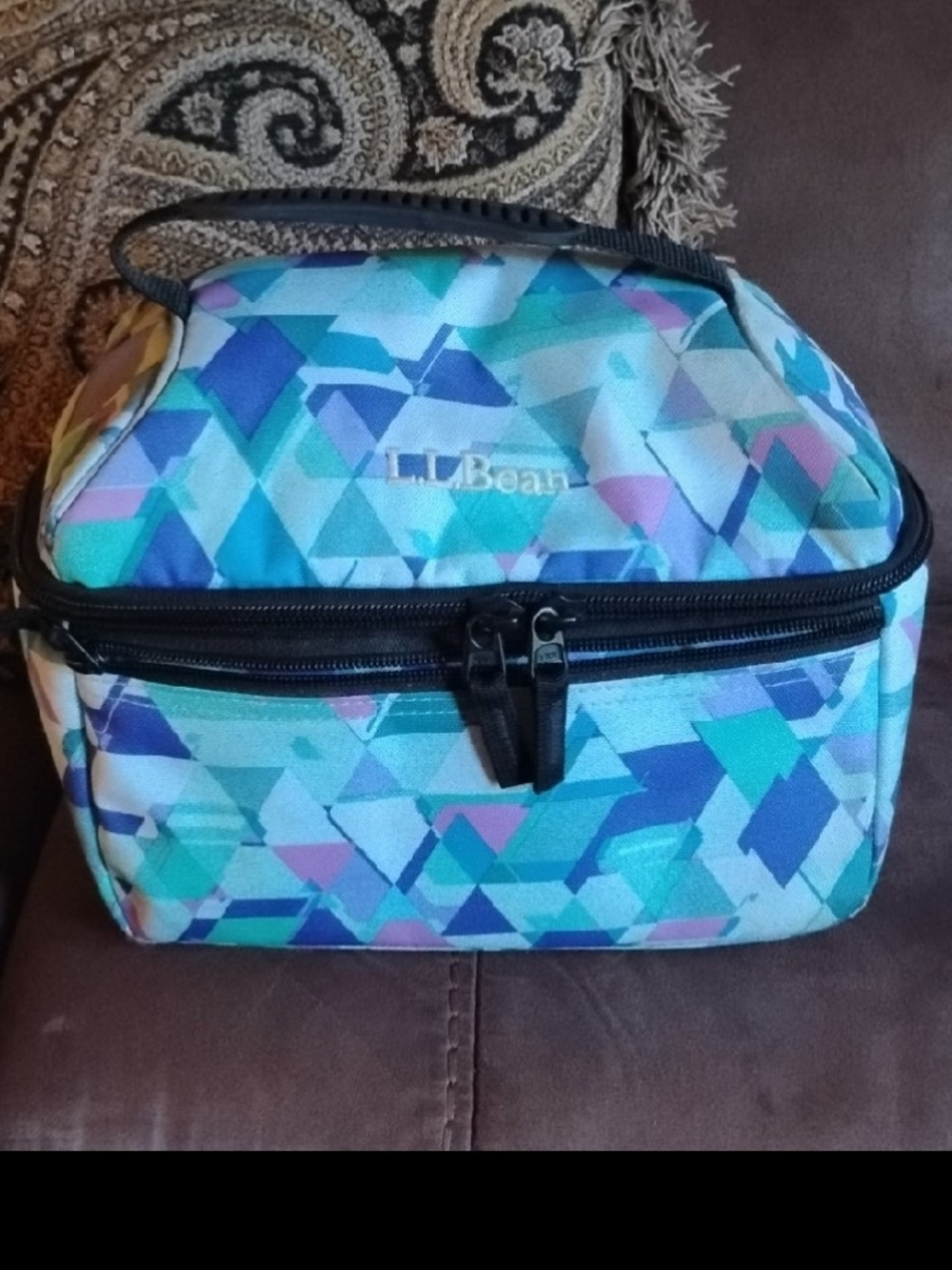 L.L.Bean Geometric Print Insulated Lunch Tote in Aqua and Teal